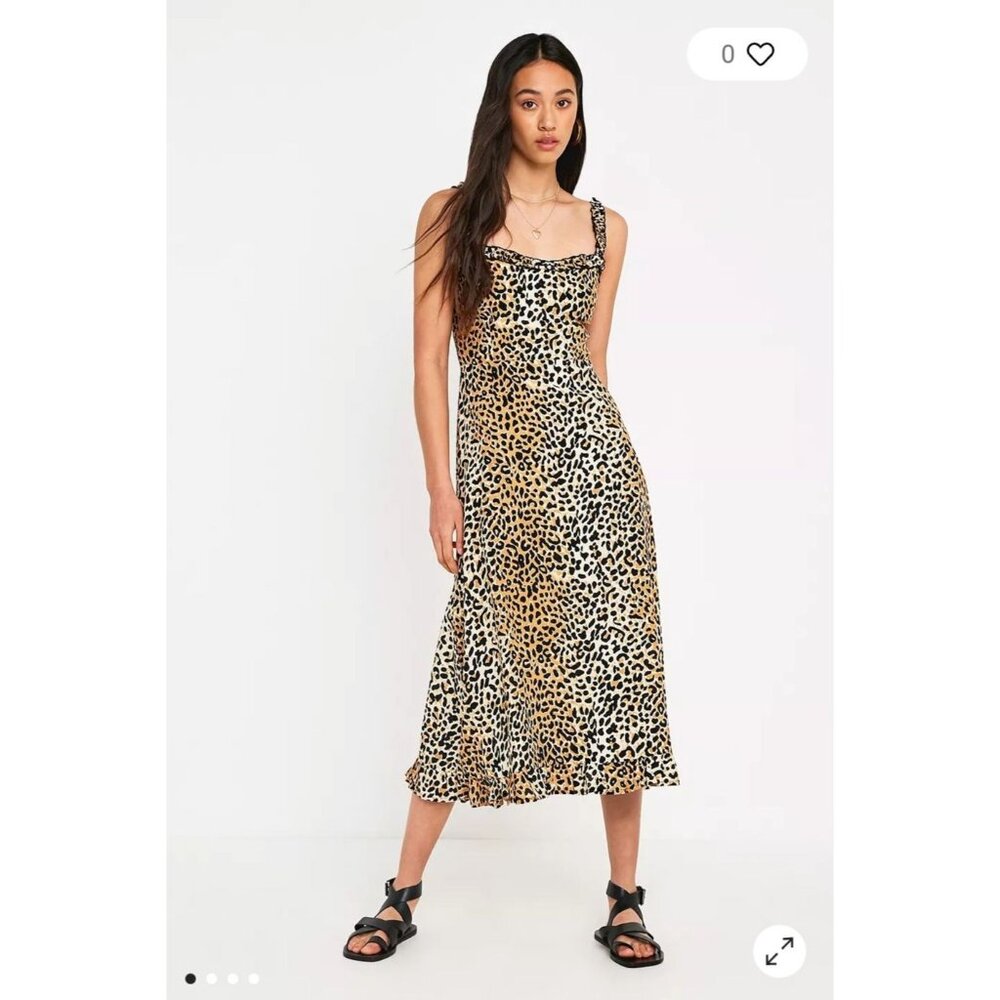 Faithfull the Brand Noemie Dress 2 XS Leopard Print Midi Length Slip Smocked Zip